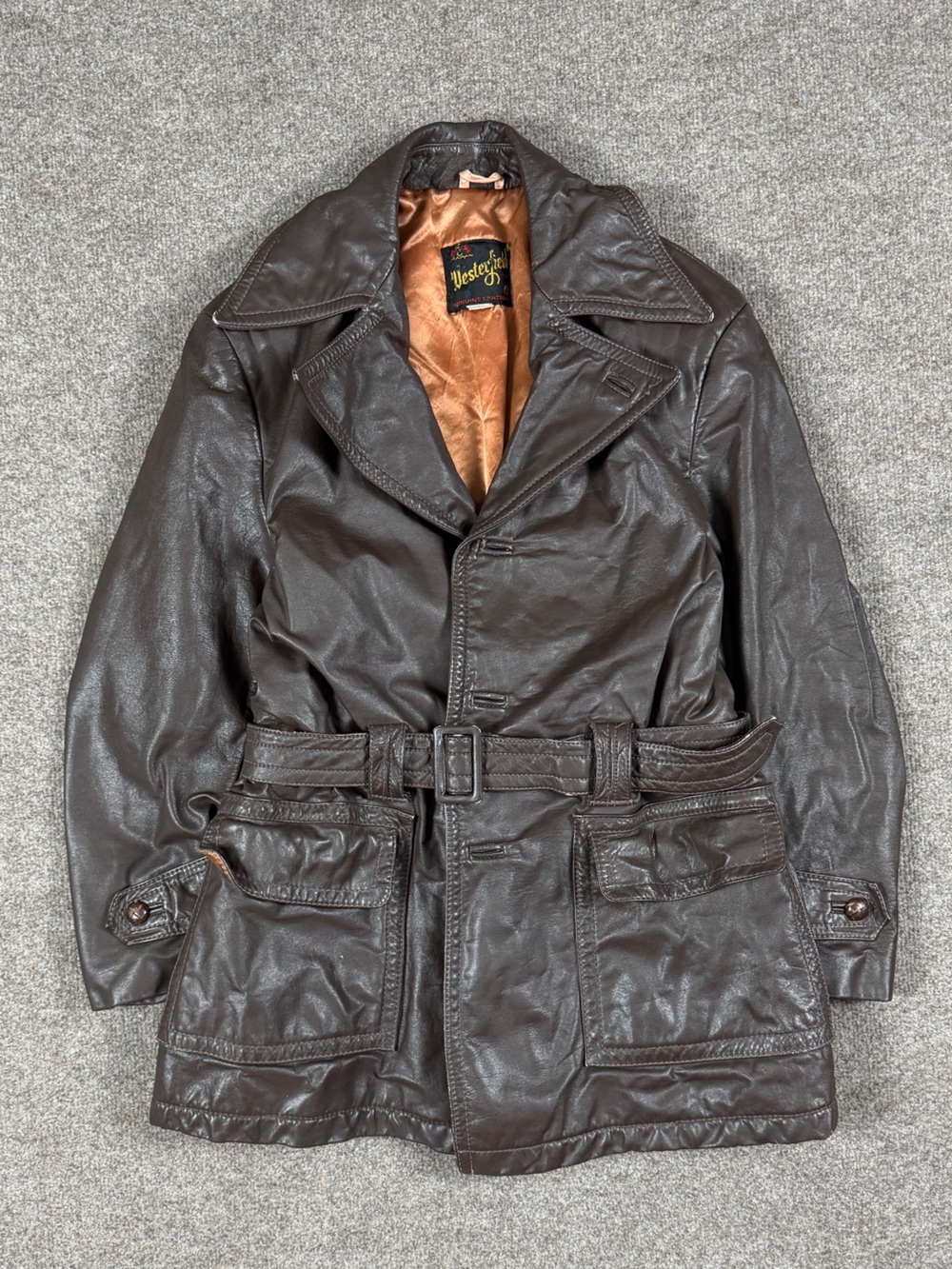 Vintage 70s Westerfield Brown Leather Belted Safari Car Coat Men’s Medium Jacket